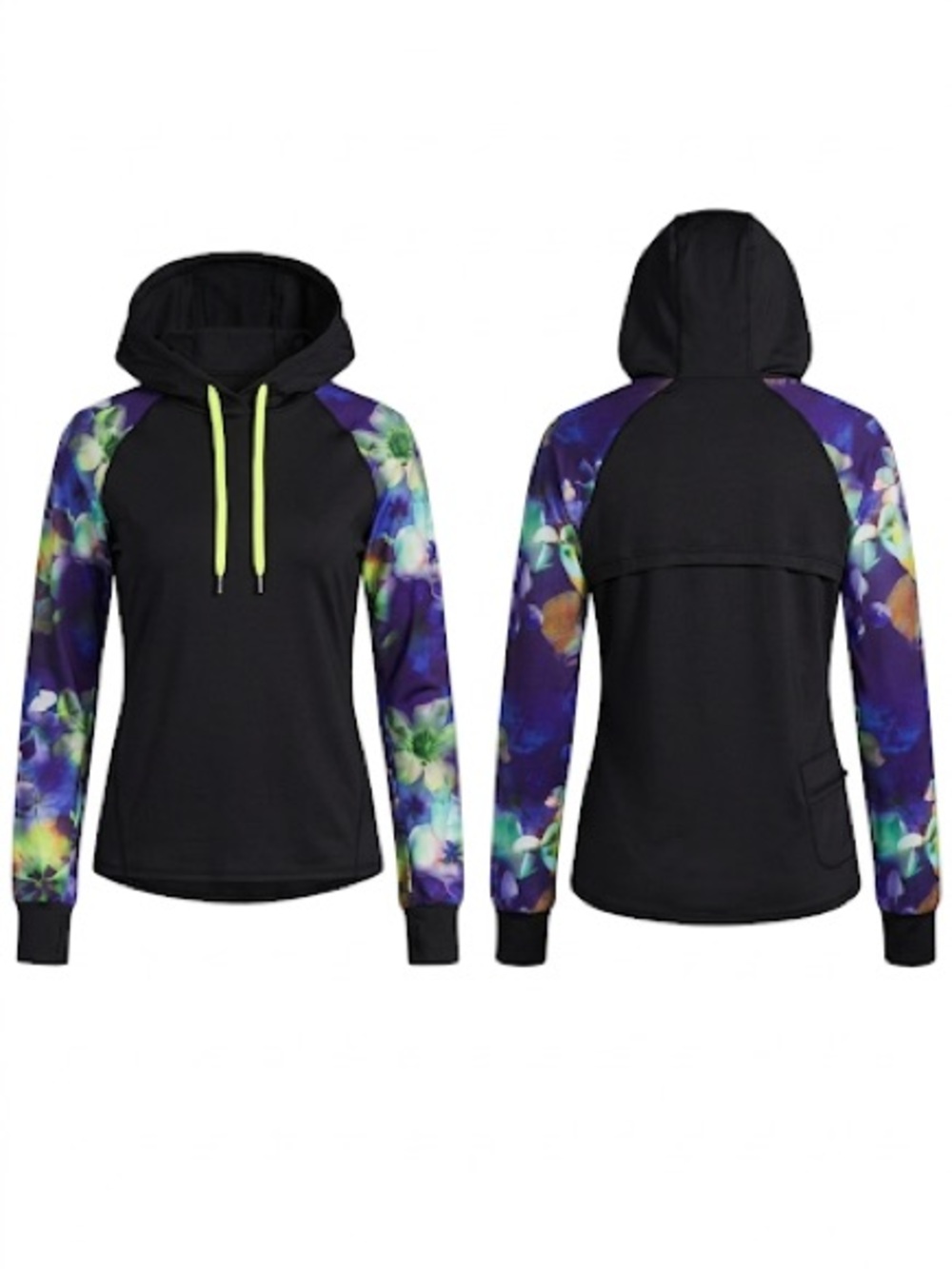Women's Black Hoodie with Purple Floral Raglan Sleeves